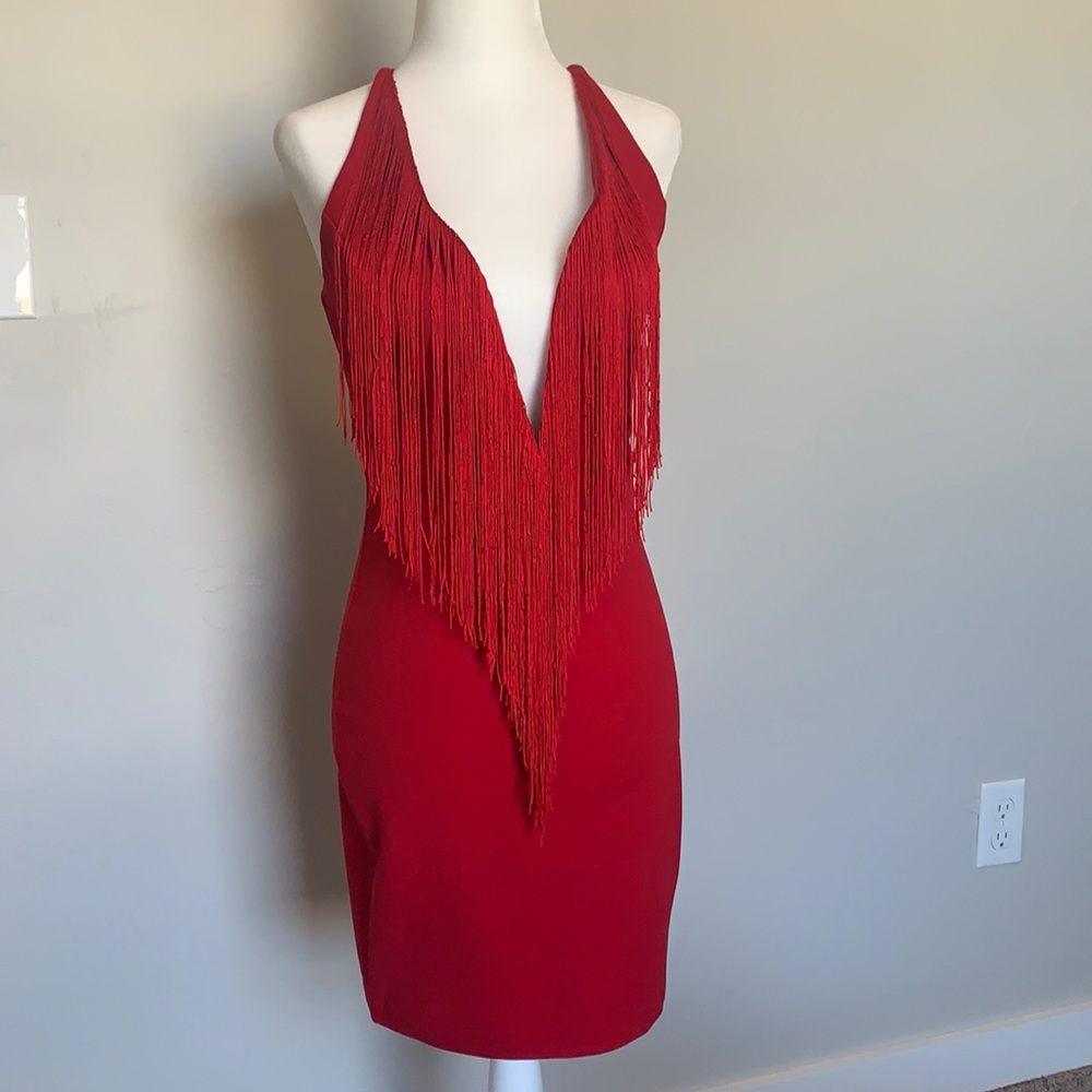 Red Deep V Neck Backless Dress